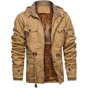 Mens Khaki Thick Winter Jacket Hooded Fleece Lined Cotton Military Coat